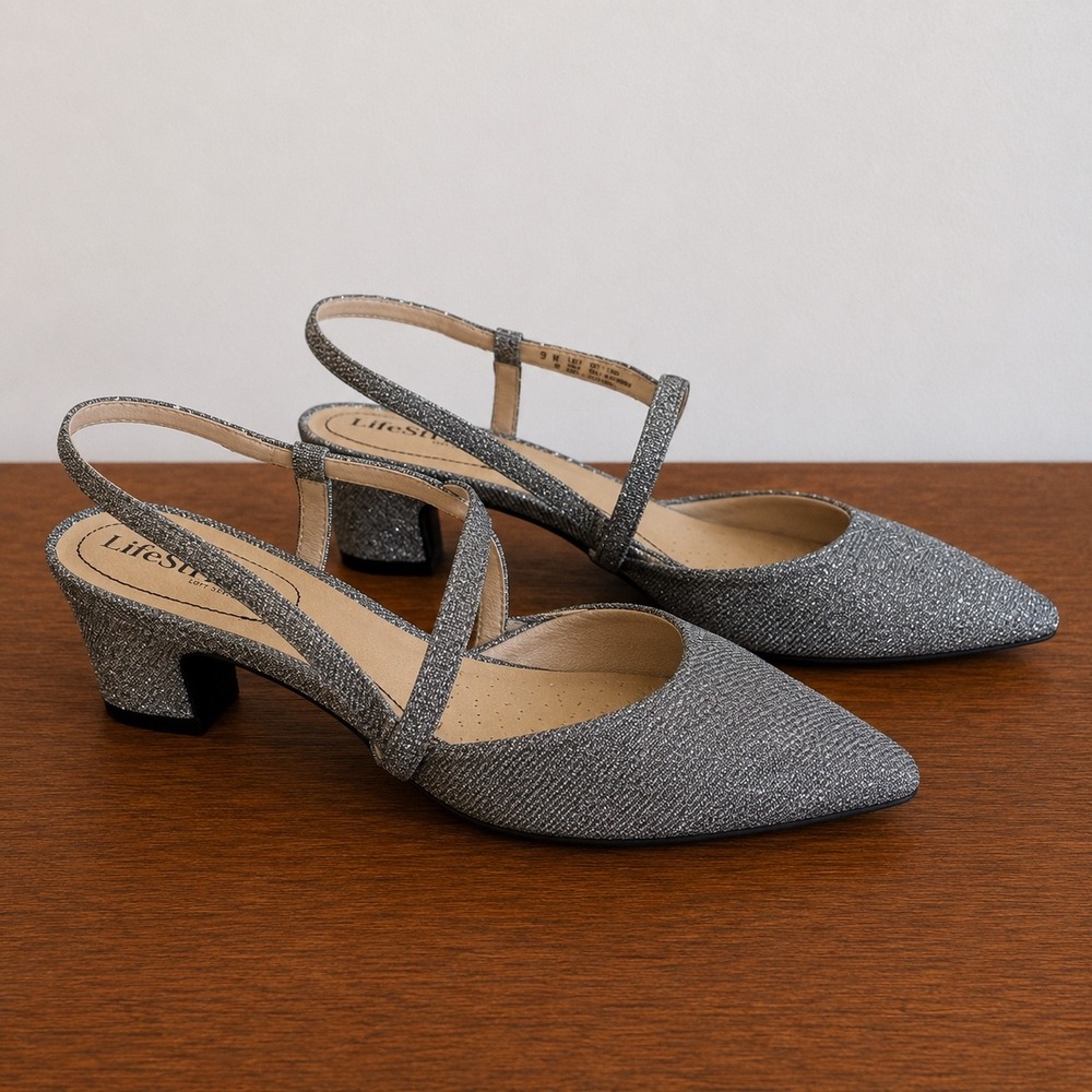 LifeStride Silver Glitter Slingback Block Heel Pointed Toe Shoes 9W Minimalist